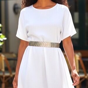 Womens Ornate Coin Belt Wide Elastic Band Silver Tone Statement Accent Vintage